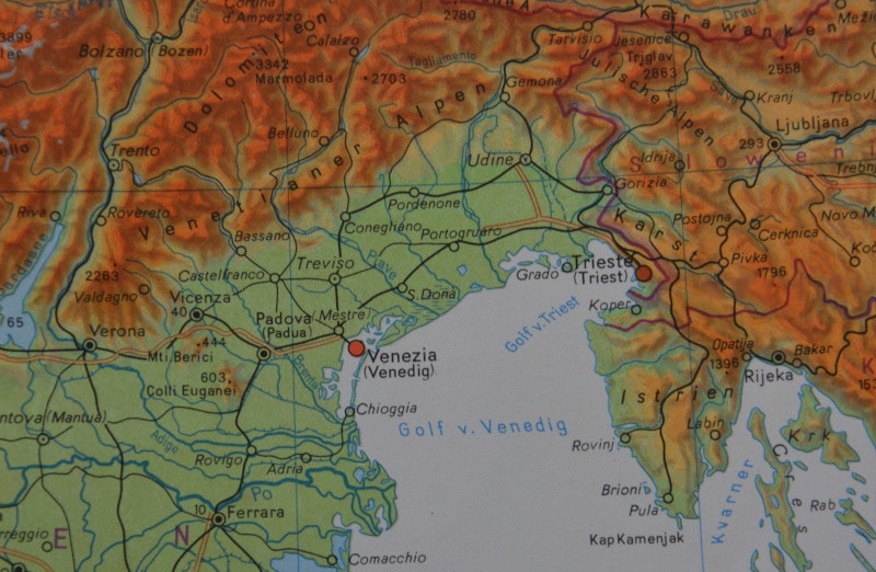 Wo liegt Venedig?
Karte Venetien an der Adria: Lagune, Stadt Venedig und Umgebung