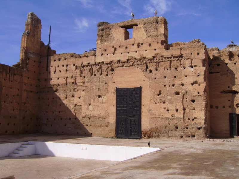 Storks on the ruins of the Badia Palace in Marrakech - Morocco