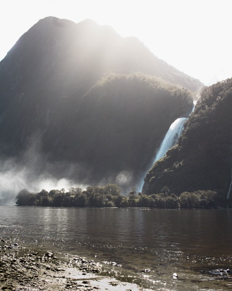 New Zealand South Island: Milford Sound waterfall in Southland Region