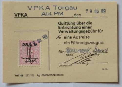 Southeast - Europe Tour Summer 89: East German Receipt Administrative Fee for Travel Request