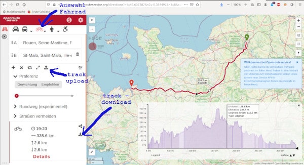 openrouteservice help for gpx-Track download for a cycle route with altitude, road surface and preferences