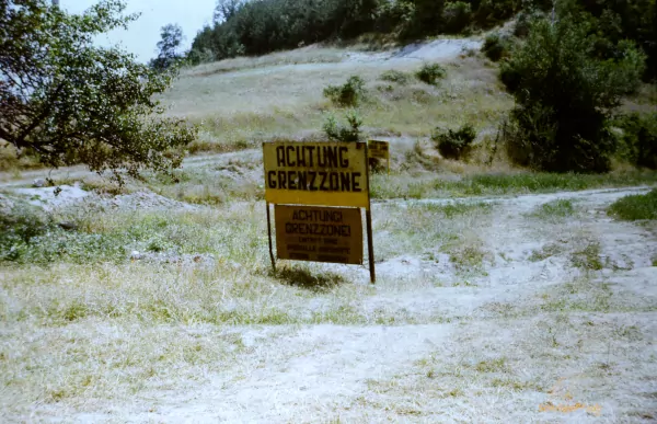 German-language Sign "Achtung Grenze Zone" (Attention fronier area) near  Melnik- Border to Greek and part of the Iron Curtain