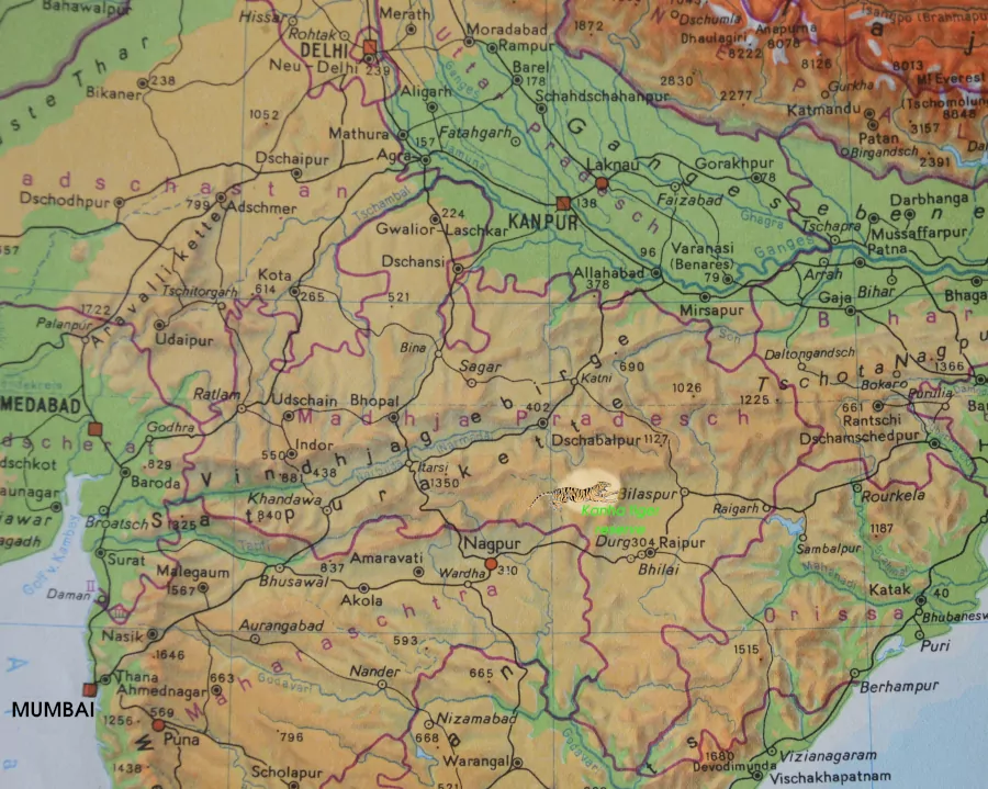 Map of Madhya Pradesh  with Kanha Tiger Reserve