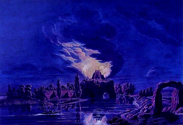 Vulkan auf Felseninsel "Der Stein" - zeitgenössisches Aquatinta von Karl Kuntz 1797