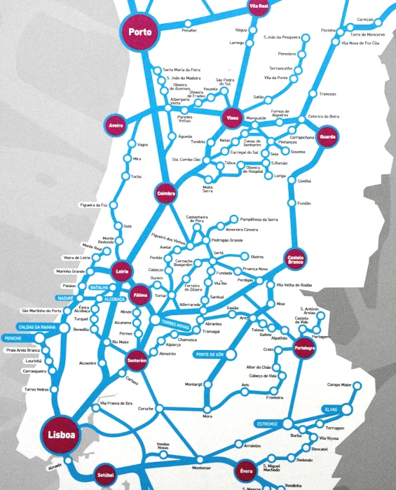 Liniennetz des Fernbus-Anbieters Rede Expressos in Portugal - Auszug Mittel-Portugal