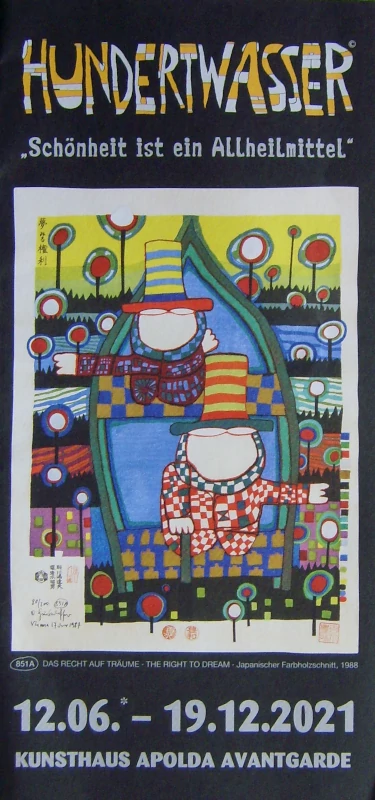 Invitation for the Friedensreich Hundertwasser Exhibition in Apolda / Thuringia in Germany with paintings, lithographs, color prints and wood cuts.