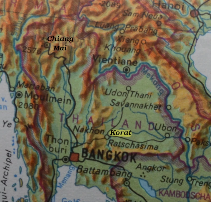 Thailand local map: Overview Khorat Plateau and Nakhon Ratchasima