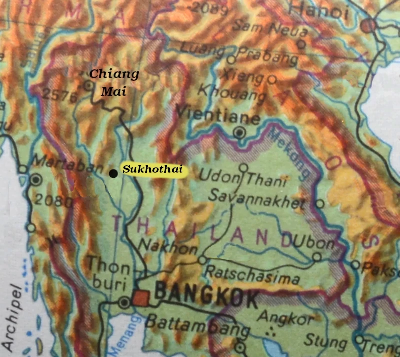 physische Landkarte Thailands Norden mit Sukhothai