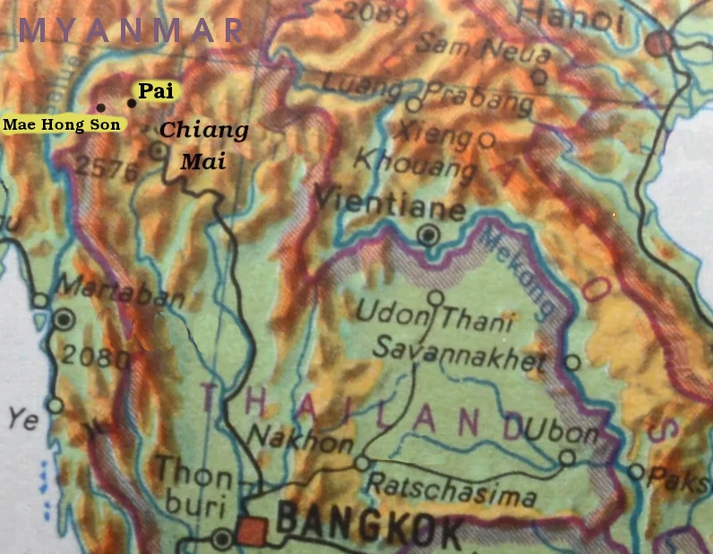 Map of northern Thailand with Pai, Chiang Mai and Mae Hong Son
