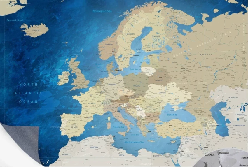 adhesive Wallpicture European map with sea depth