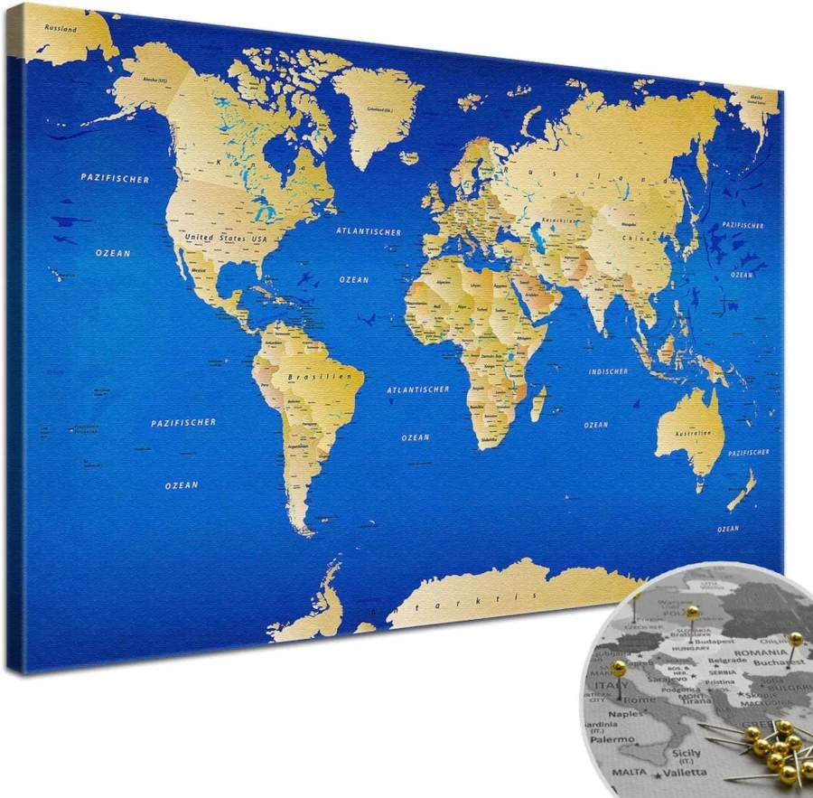 cork pinboard world map blue design