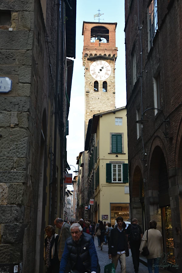 Clock tower of Lucca above the narrow alleys
