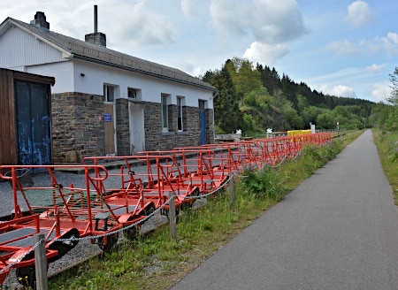 Vennbahn railbike draisinen in Leykaul: With bicycle trolley on railway tracks to Sourbrodt