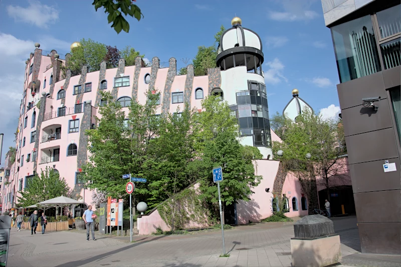 Hundertwasser houses in Germany: "Green Citadel" in Magdeburg - the last completed Hundertwasser building and one of the wide spread Friedensreich Hundertwasser houses in the german speaking area
