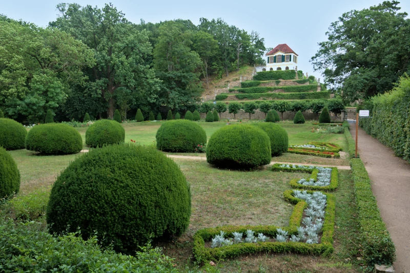 Seußlitz: French Garden with Heinrichsburg Garden house