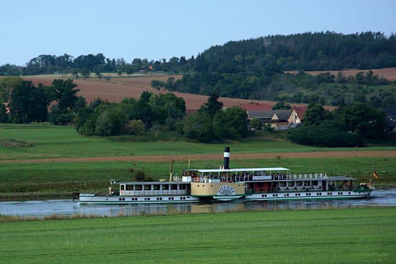 Schaufelrad - Dampfer Pillnitz der Dresdener Weißen Flotte auf der sächsischen Weinroute zwischen Diesbar - Seußlitz und Meißen