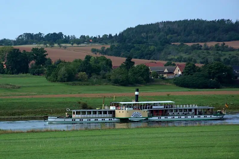 Paddlewheel steamboat „Pillnitz“ on the Elbe river between Diesbar Seußlitz and Meißen