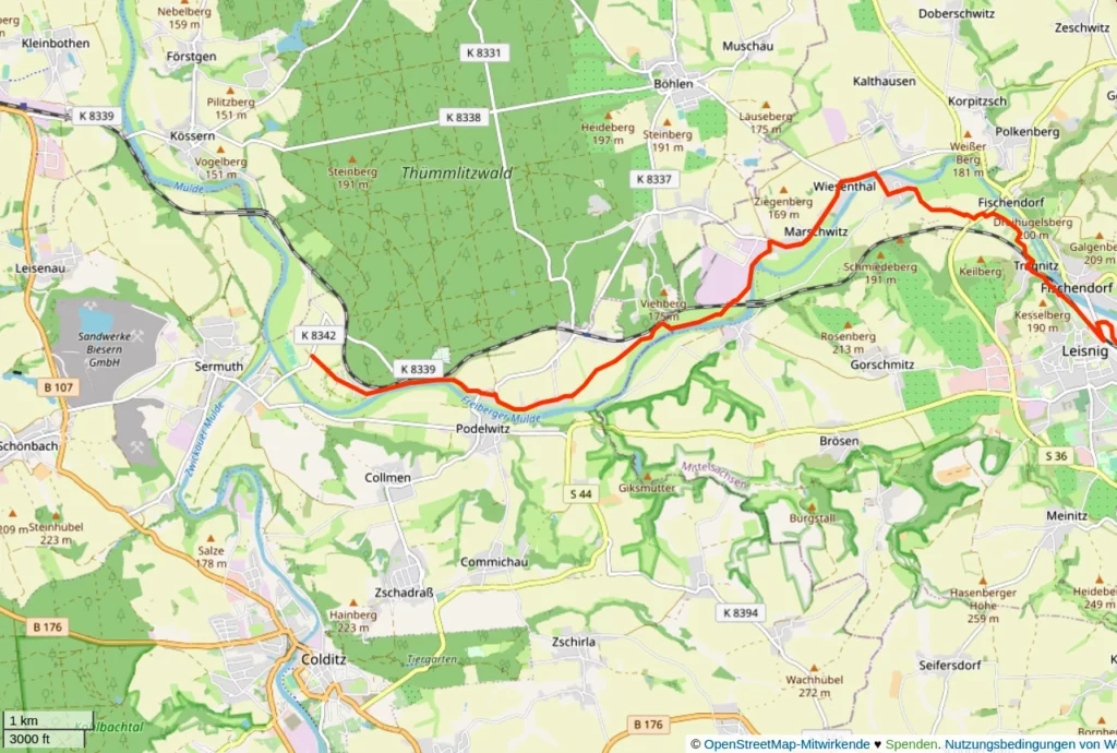 Karte Podelwitz - Leisnig mit Muldentalradweg an Freiberger Mulde