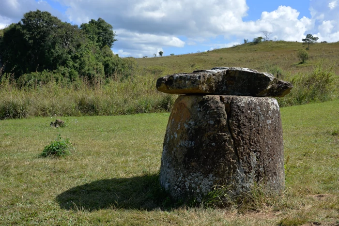 Stone jar with lid - plain of jars world cultural heritage in Laos