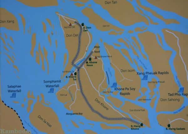 Map of the Islands Don Det and Don Khon with Mekong river barriere and the old  railroad