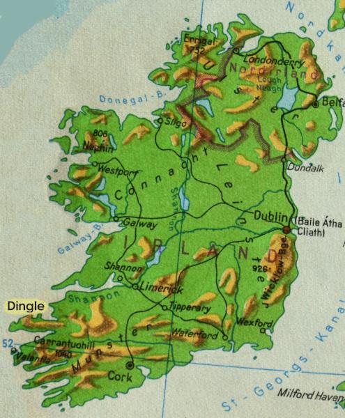 Karte Irland physisch mit Grafschaften, Bahnlinien und Hauptorten