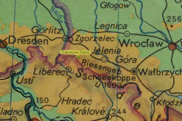 Map of region Jizerskie Mountains with Czerniawa Zdrój marked between Görlitz, Liberec and Jelenia Góra