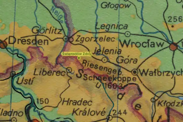 Map of the region between Dresden, Wroclaw and Hradec Králové with Giants mountains and Jizerski mountains