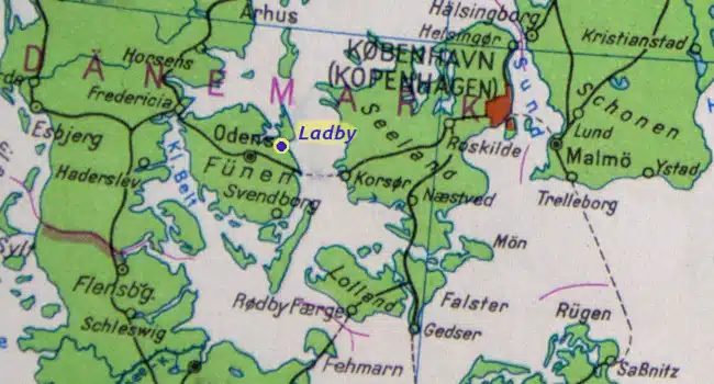 Survey map of Danmark islands with marked Ladby museum
