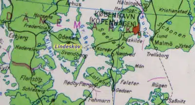 Danmark map with marked Lindeskov at Funen island