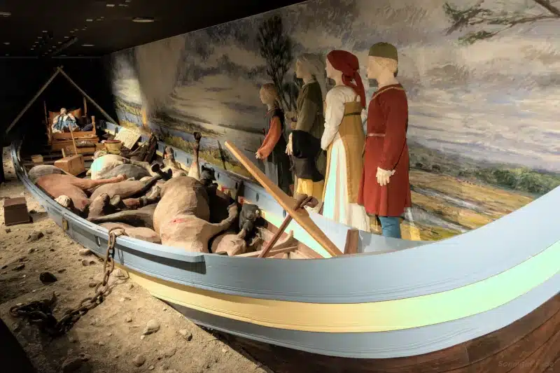 Funeral scene in the Ladby Viking museum, Danish island Funen