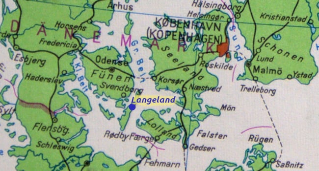 Map of Denmark - Langeland island is marked