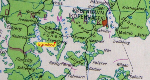 Map of Denmark with marked Egeskov castle