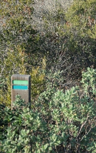 Hiking way sign of the Fishermen's trail with green - blue stripe marking